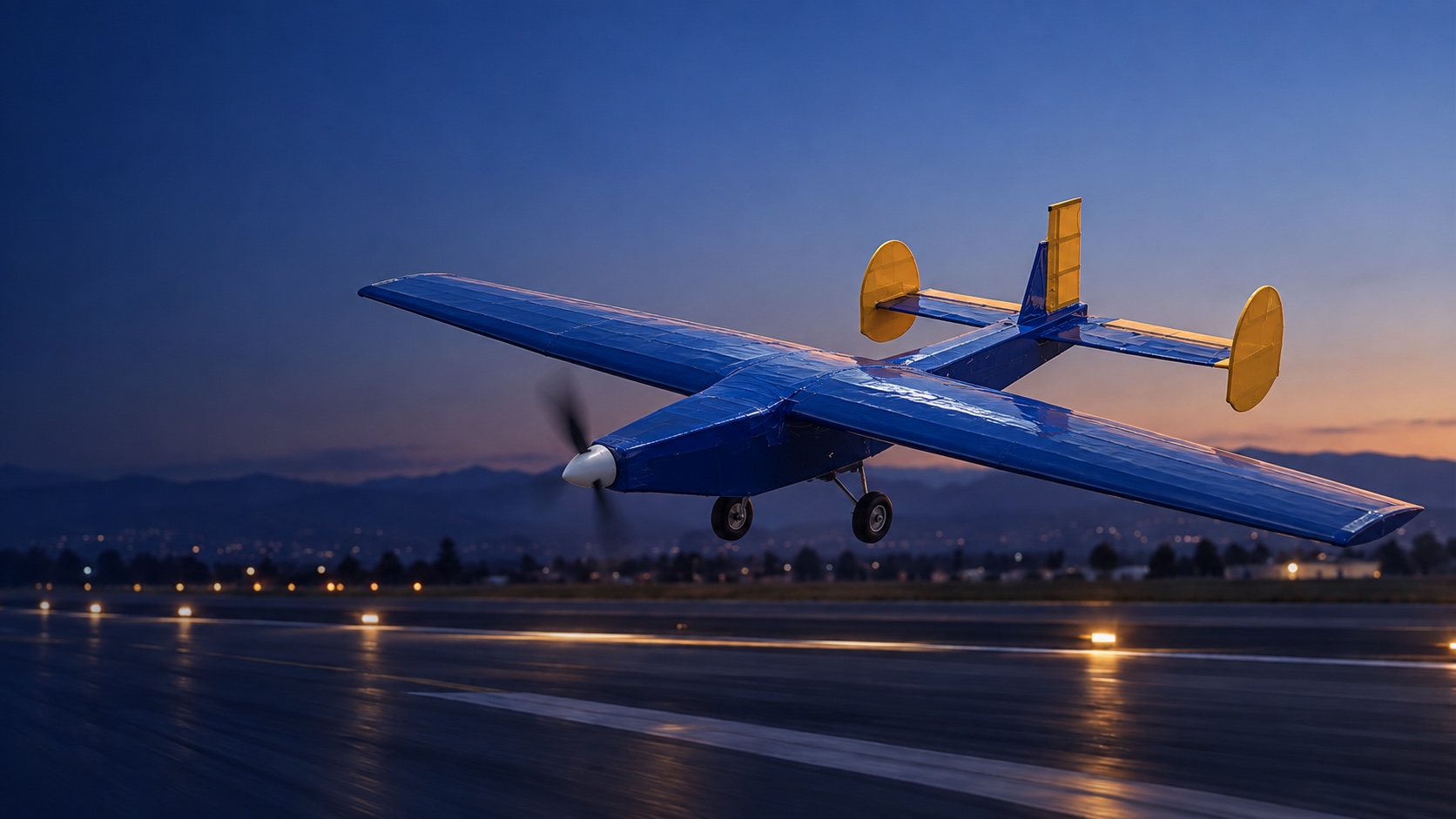 Blue and gold unmanned student-built aircraft with a connected center fuselage and endplate tail fins approaching a runway at dusk